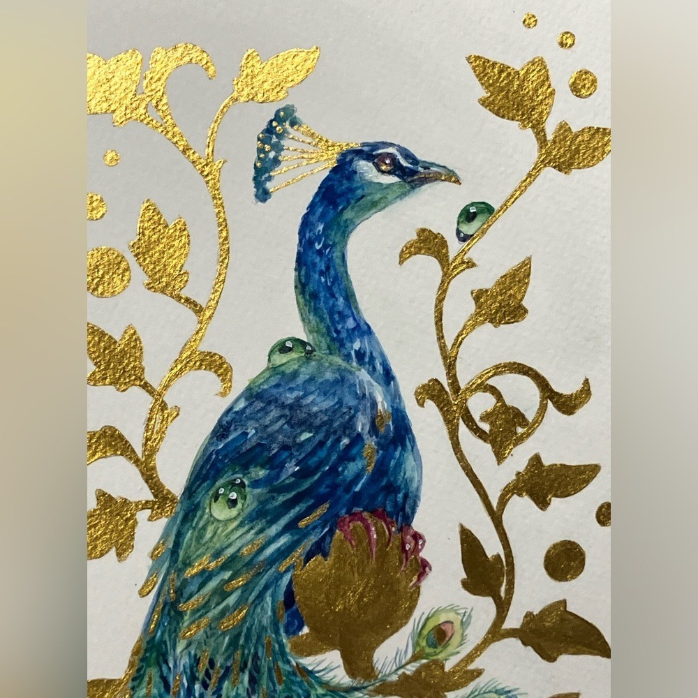 Original painting Peacock bird Art Gold Embellishment surrealism by artist EAE - Picture 3 of 8